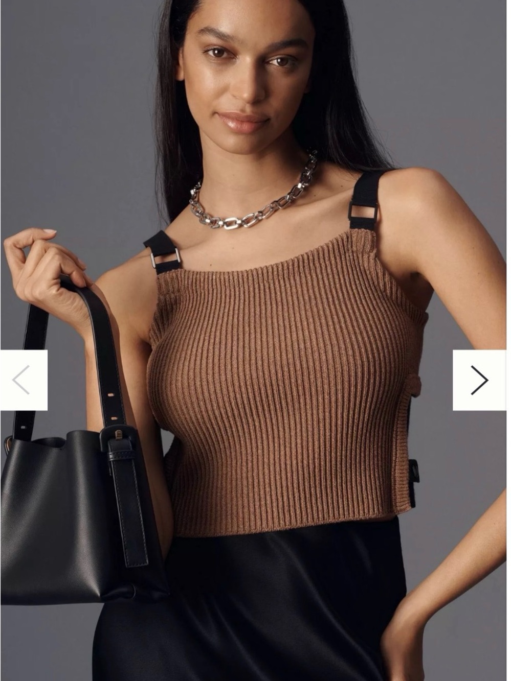 Anthropologie Ribbed Brown Crop Tank with Black Strap Details